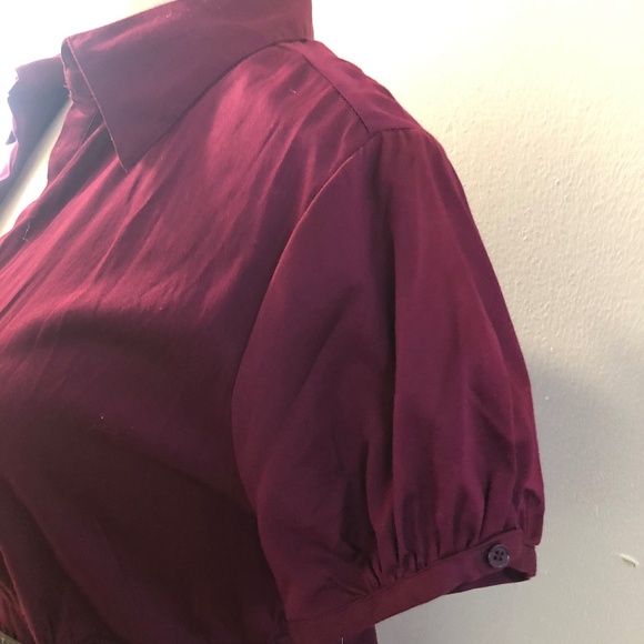 Cotton Plum V-Neck Collar w Belt Short Sleeve Blouse - Picture 3 of 9